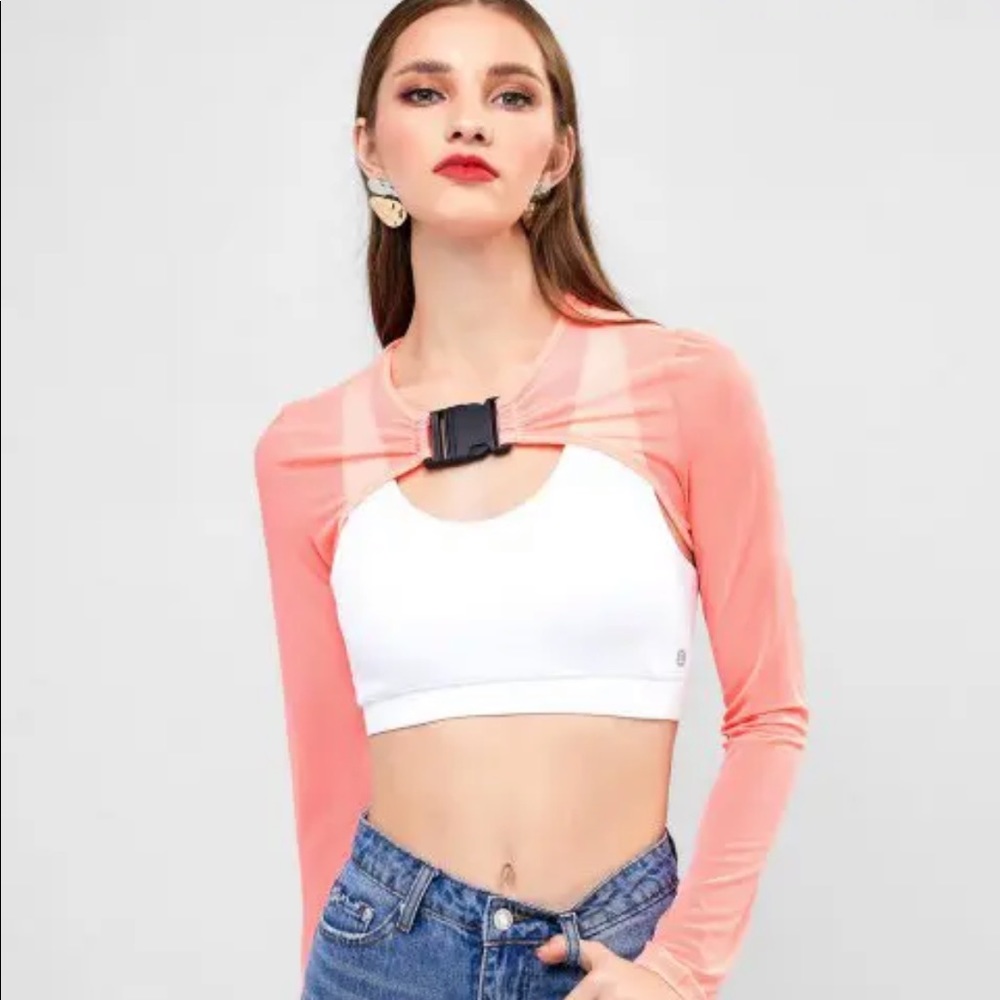Cut Out Front Buckled Mesh Crop Tee